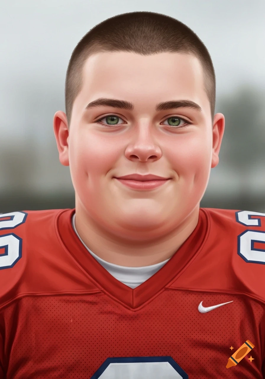 A smiling teenage boy with a buzz cut and green eyes wears a red football jersey with numbers and a white Nike swoosh.
