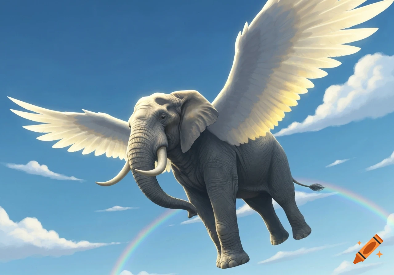 A majestic elephant with large white wings flies through a clear blue sky with a rainbow in the background.