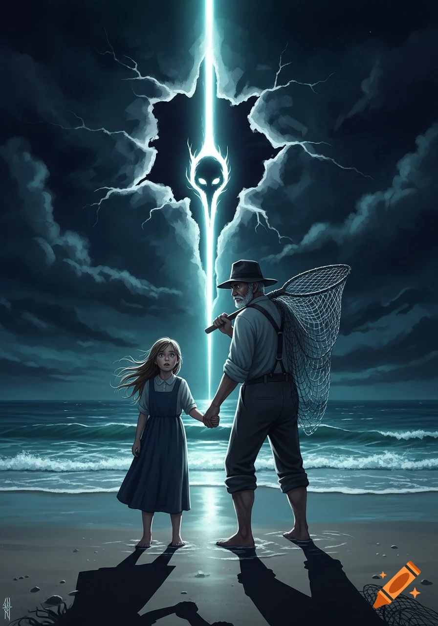 A man with a net and a girl on a dark beach look fearfully at an alien face in a light beam from stormy clouds, digital art.