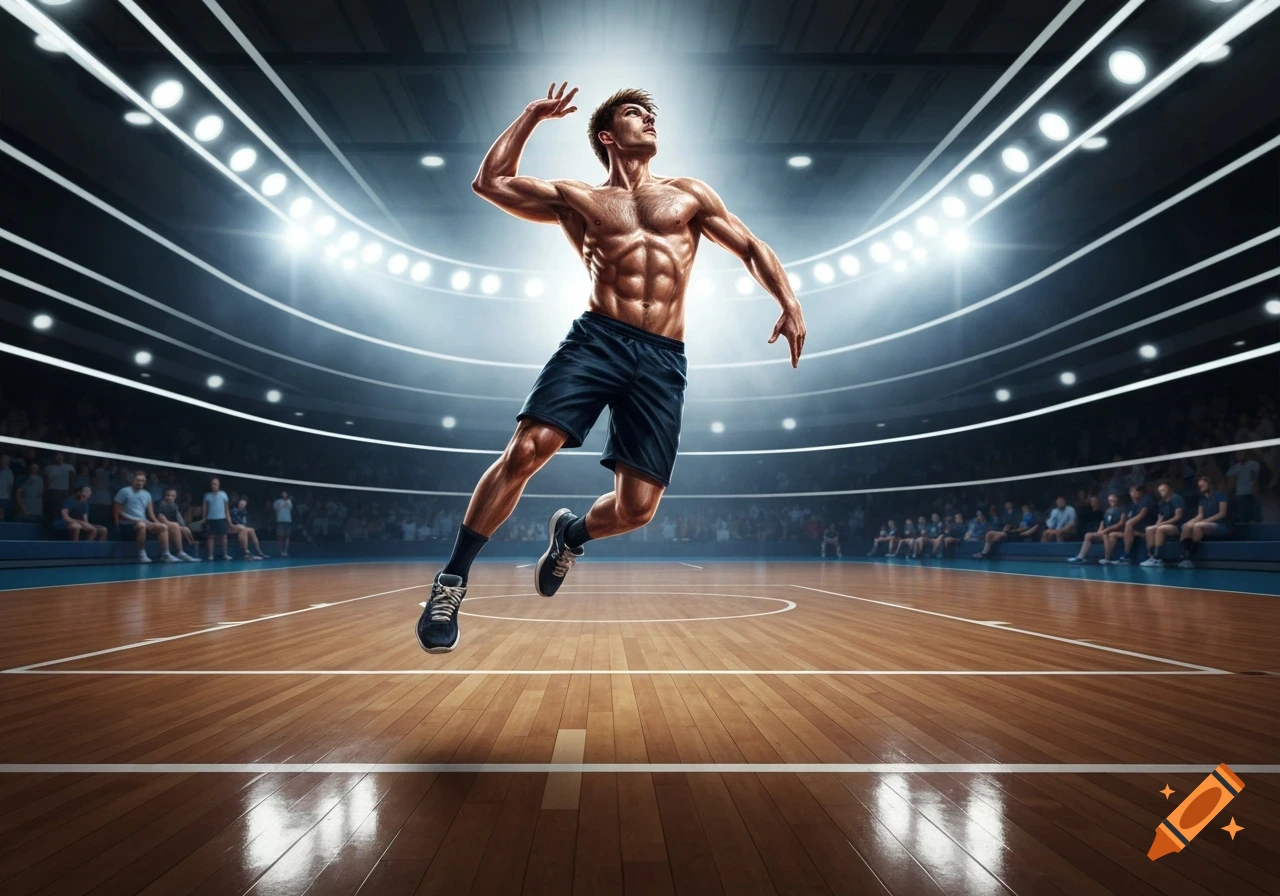 Muscular male volleyball player jumping to spike a ball in a brightly lit indoor stadium.