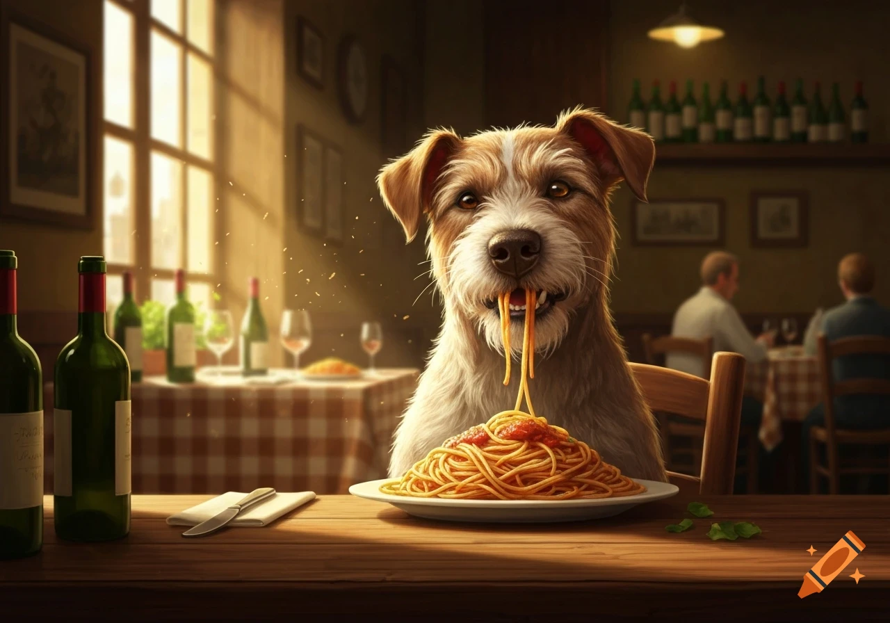 A shaggy dog slurps spaghetti from a plate at a restaurant table with wine bottles and patrons in the background.