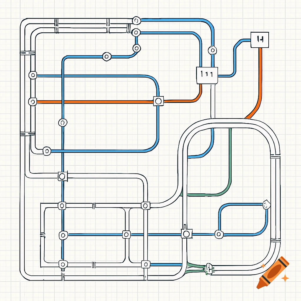 A 2D plan diagram illustrating a structured network cabling installation with colorful lines on graph paper.