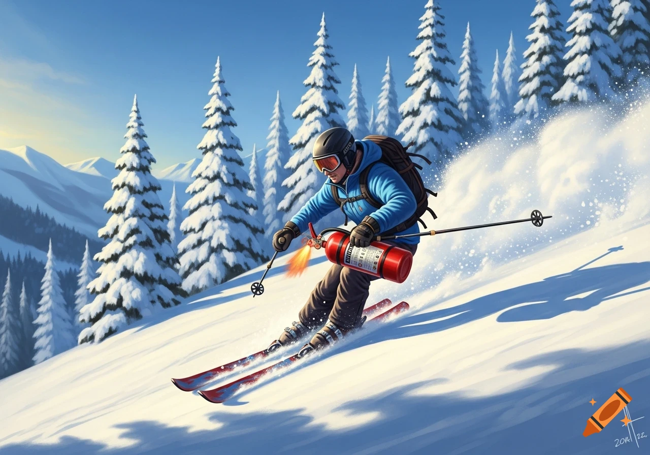 A skier in a blue jacket and helmet skis down a snowy mountain, holding a flaming red fire extinguisher.