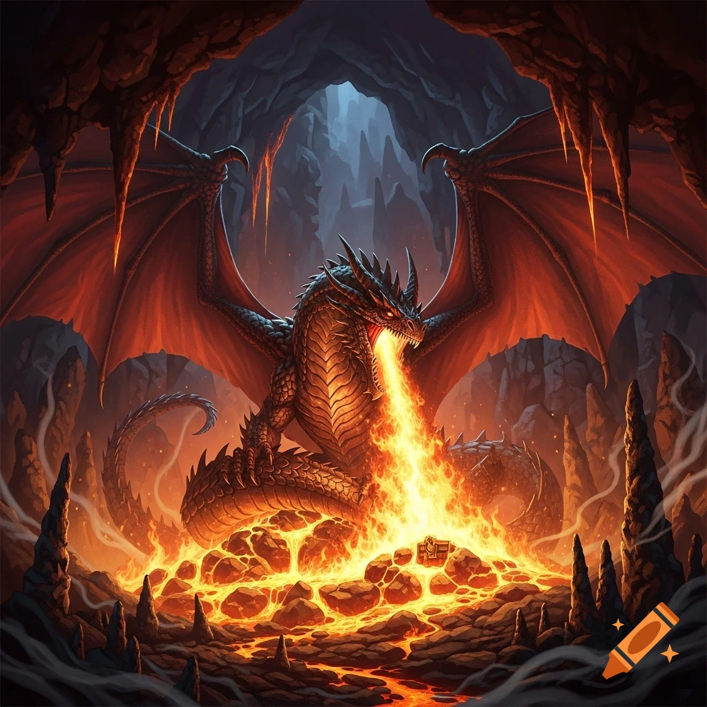 A powerful dragon with large wings breathes fire, illuminating a dark, rocky cave filled with glowing lava.