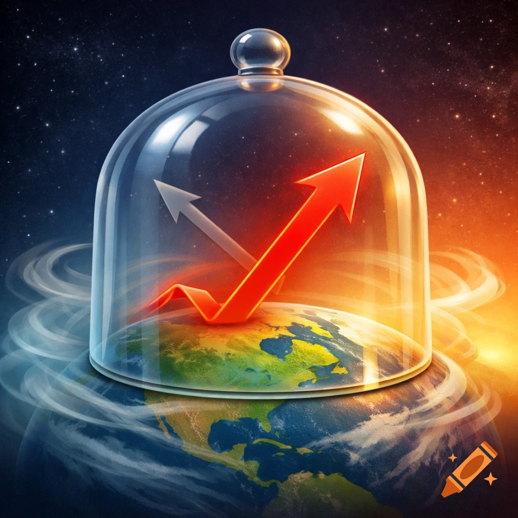 Glass bell jar on a globe, with a red arrow rising and a white arrow descending, against a cosmic sky.