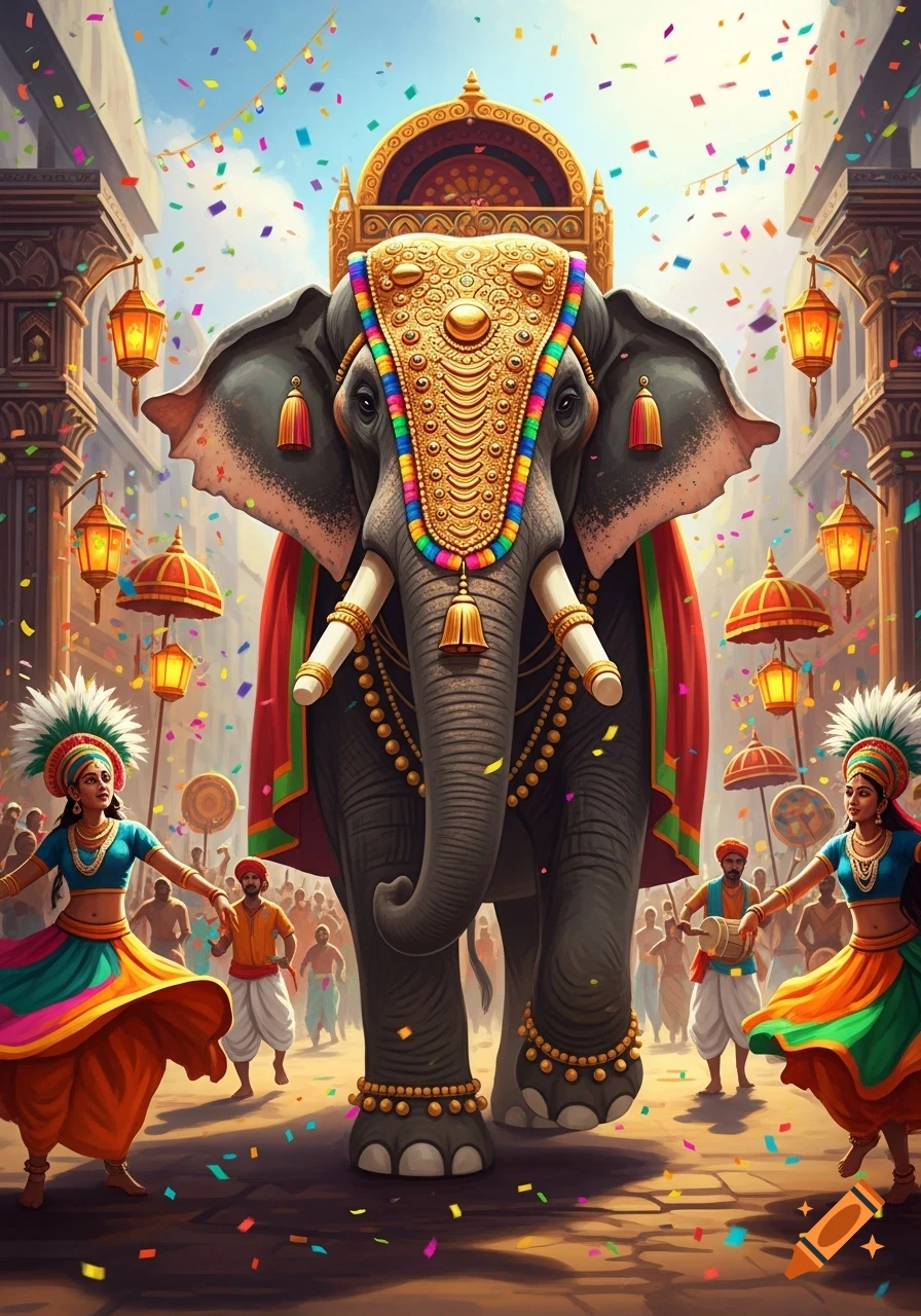 A grand Indian elephant, adorned in golden and colorful ceremonial attire, walks through a festive street with dancers and confetti.