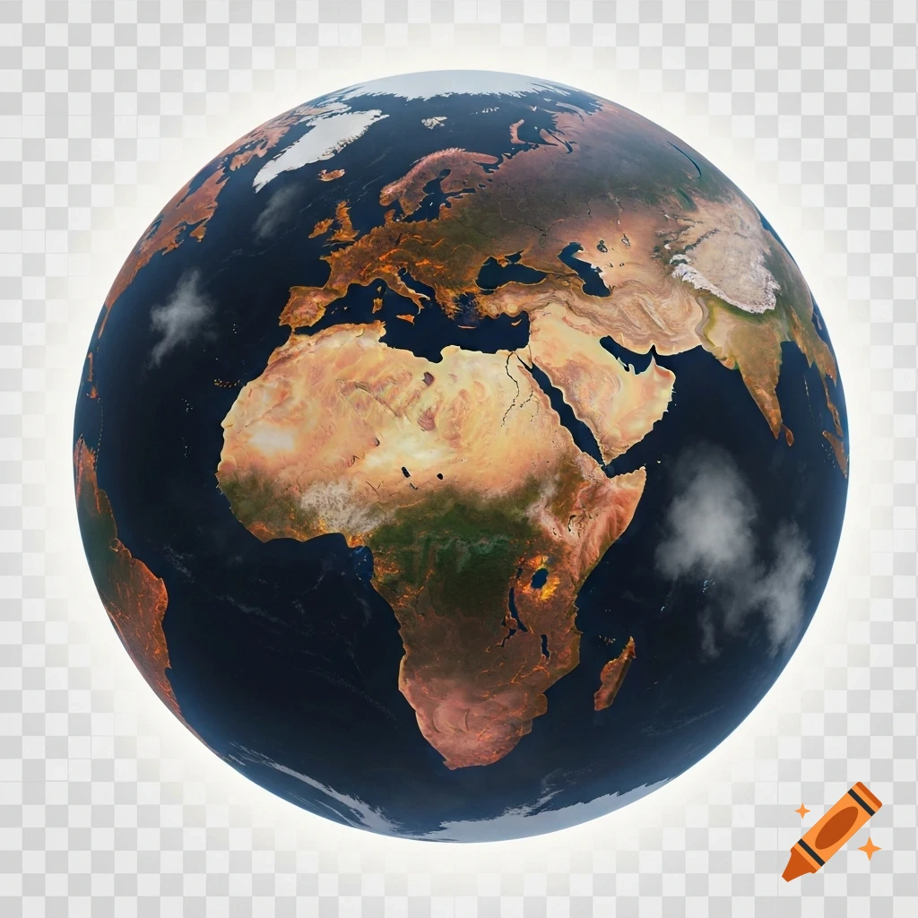 Planet Earth from space with continents showing arid lands and bright spots (potentially fires or city lights), against a transparent background.