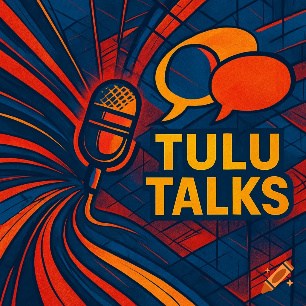 Vibrant, abstract YouTube channel art for 'Tulu Talks' with an orange microphone, speech bubbles, and text 'TULU TALKS' in orange on a blue and red background.