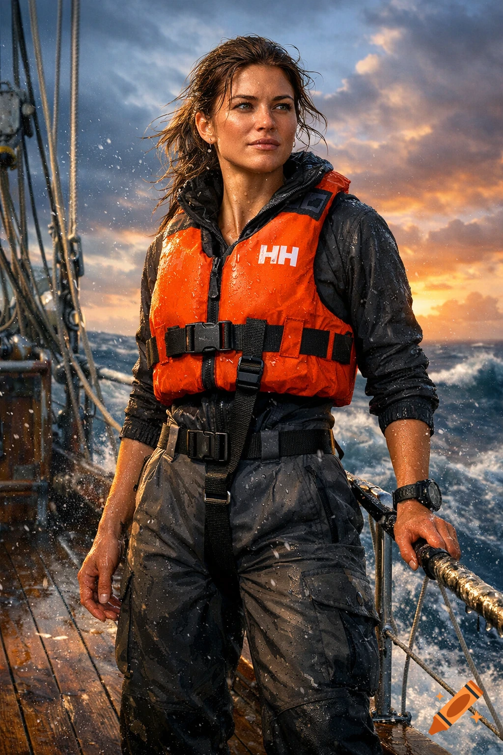 A woman in a Helly Hansen life vest and foul-weather gear stands on a boat at sea, with waves and a dramatic sky at sunset.
