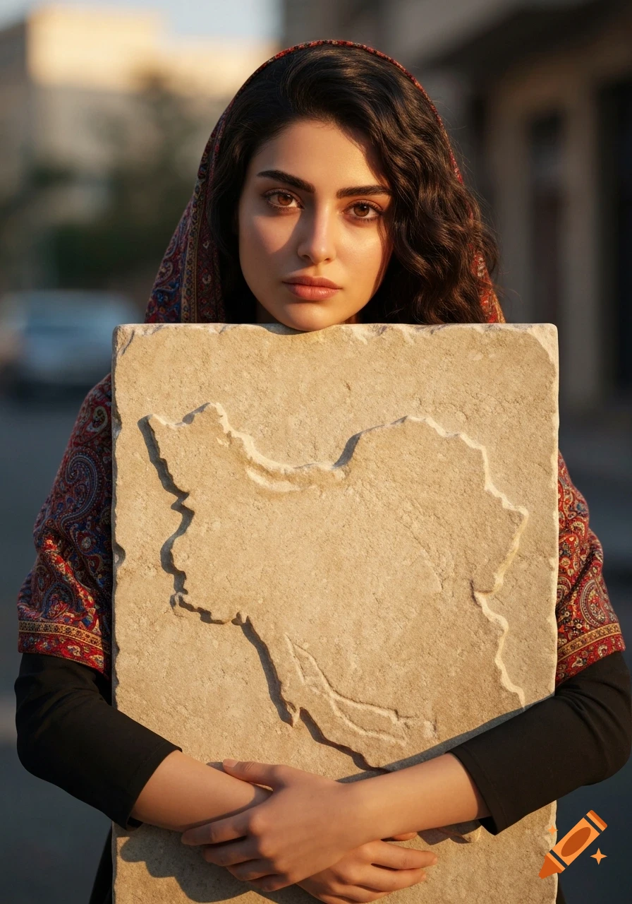 A young Persian woman in a patterned headscarf holds a stone tablet carved like the map of Iran, looking thoughtfully in golden light.