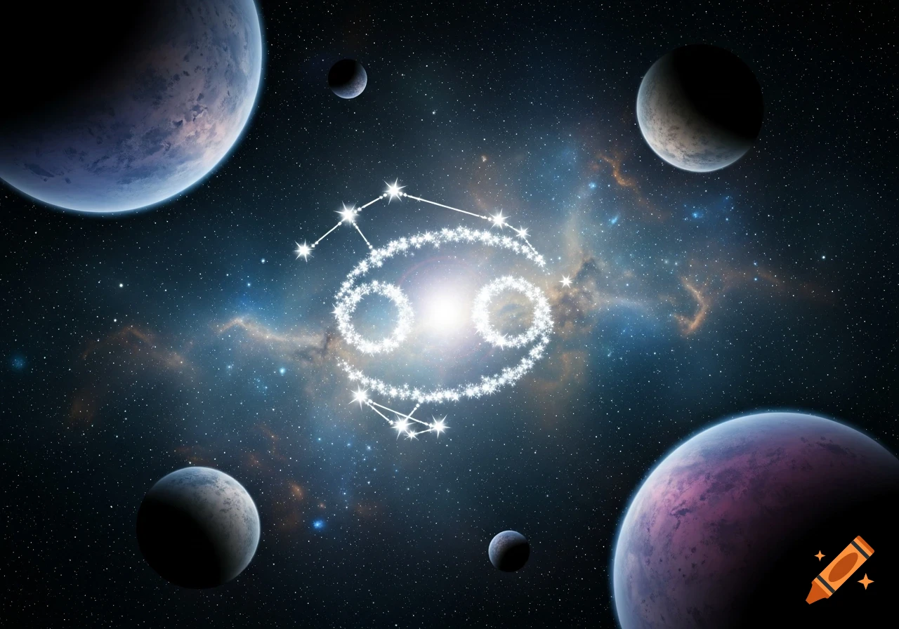 The Cancer zodiac constellation made of stars against a backdrop of colorful nebulae and planets in deep space.
