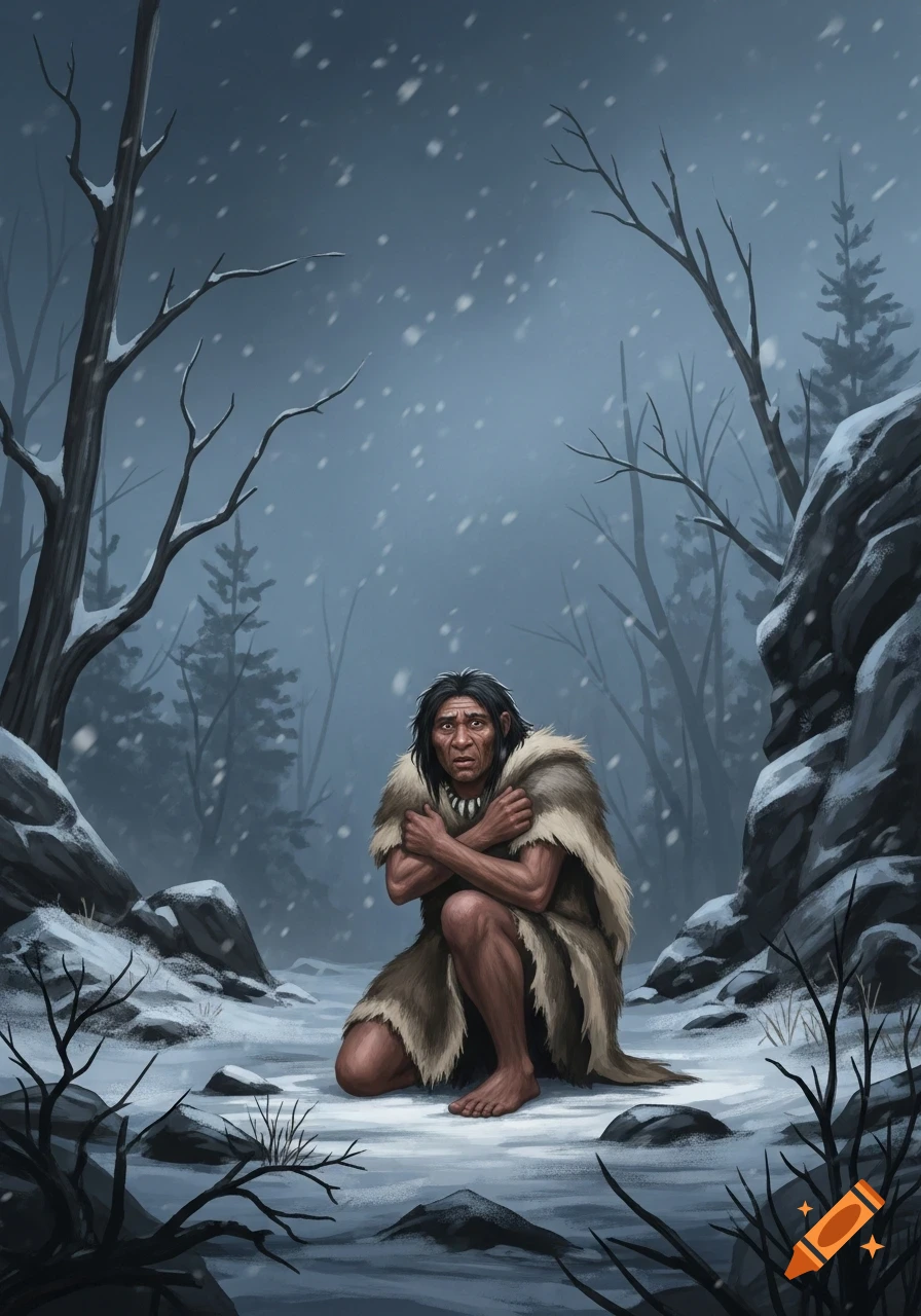 A shivering prehistoric man in a fur tunic huddles in a snowy winter forest, clutching his arms.