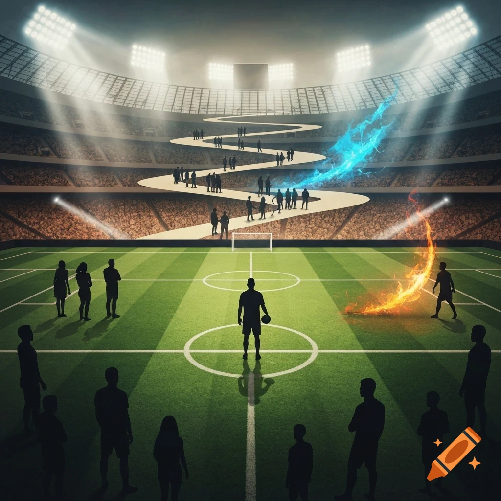 A soccer stadium with a winding path in the stands, silhouetted people, a player on the field, and blue and orange energy streams.