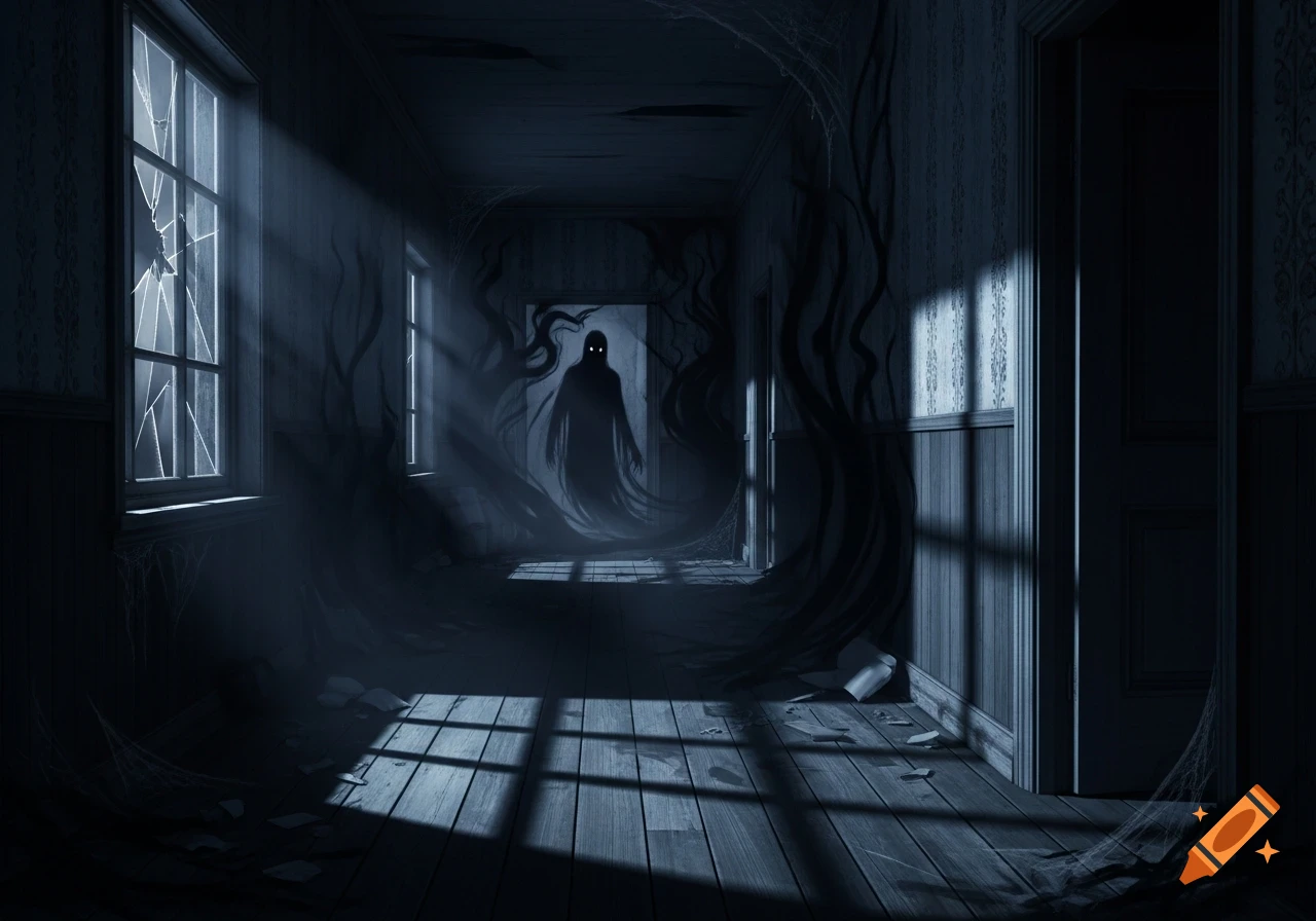 An eerie digital illustration of a shadowy ghost with glowing eyes in a dark, dilapidated hallway, illuminated by moonlight through broken windows.