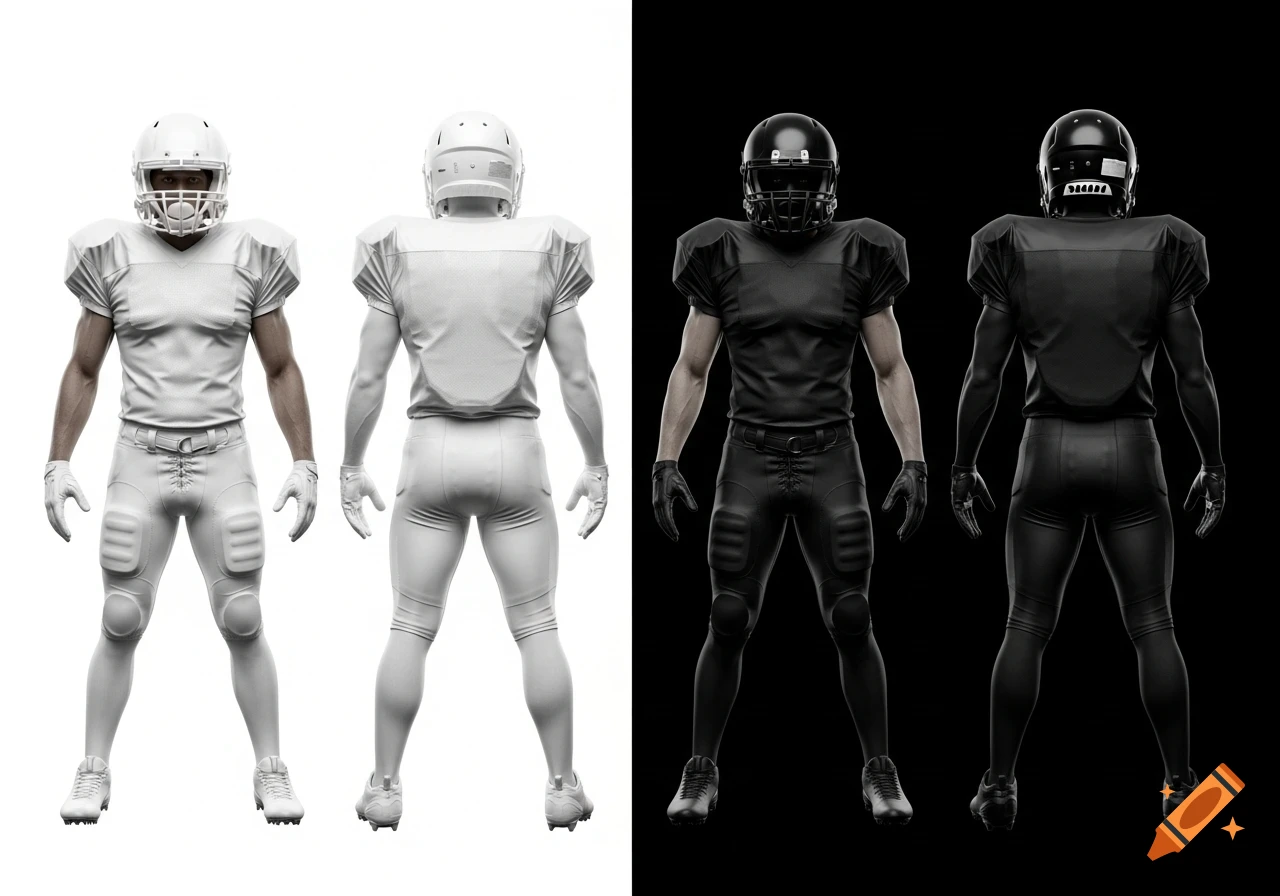 Photorealistic front and back views of American football players in white and black uniforms on split white and black backgrounds.