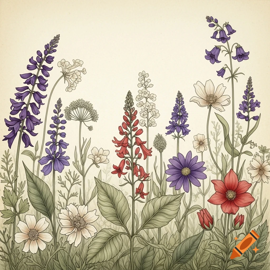 Detailed botanical drawing of colorful wildflowers including purple, red, and white blossoms, against a light cream background.
