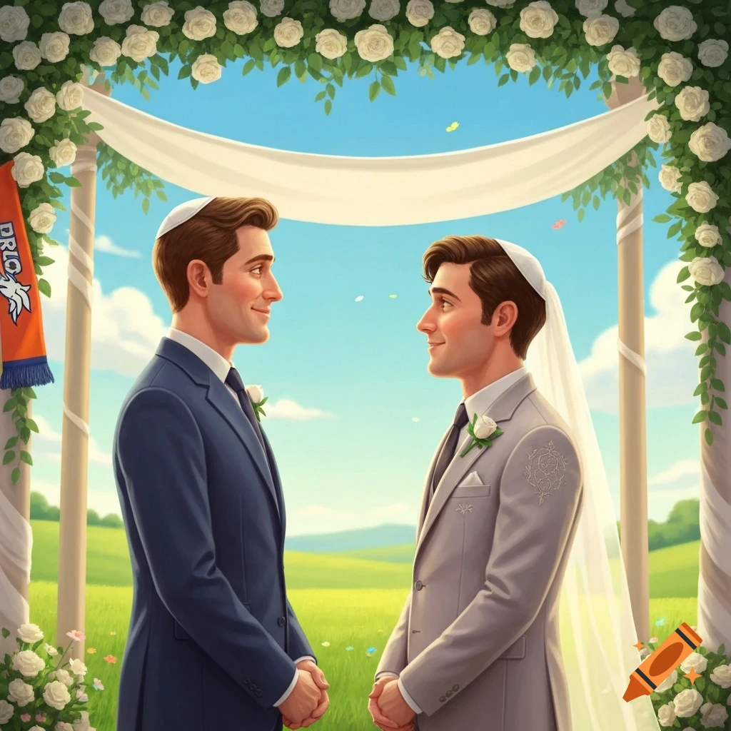 An illustration of two men in suits and yarmulkes exchanging vows under a floral chuppah at an outdoor wedding.