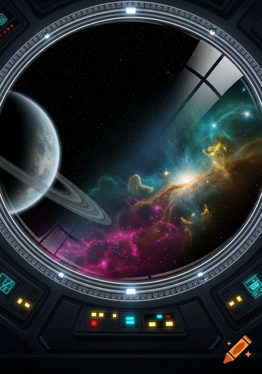 View from a spaceship window showing a ringed planet and colorful nebulae in deep space.