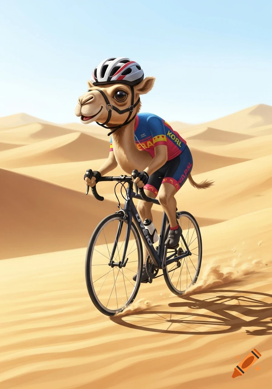 A friendly cartoon camel wearing a cycling helmet and jersey rides a road bike through a sandy desert landscape.
