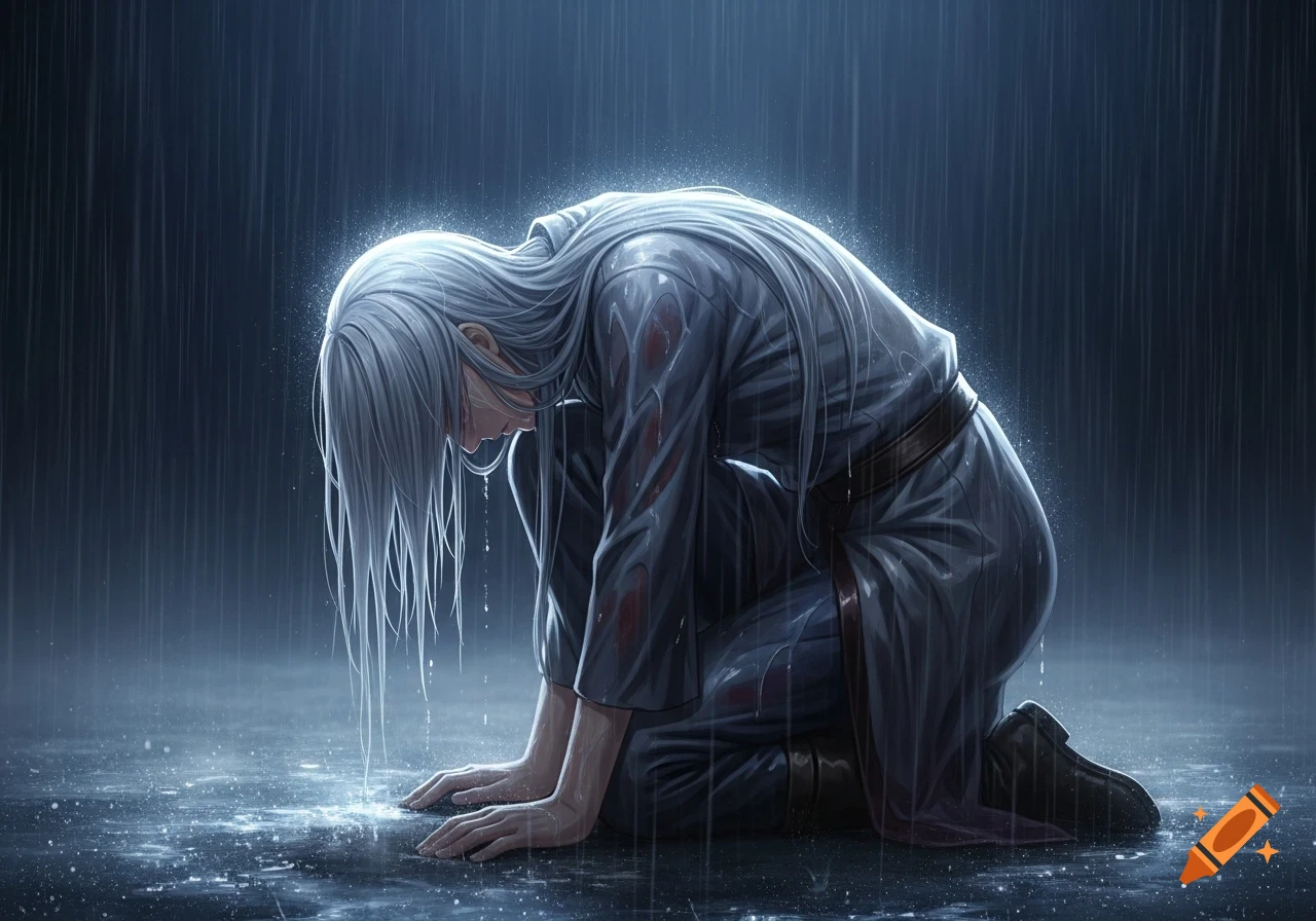 White-haired anime character kneels with bowed head in heavy rain on a wet, glowing surface, conveying sadness.