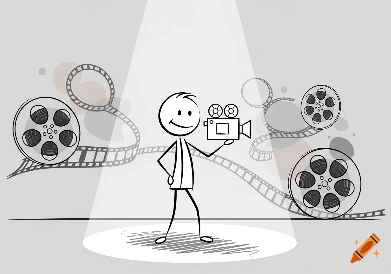 Smiling stick figure filmmaker holding a camera in a spotlight, surrounded by film reels and strips, cartoon style.