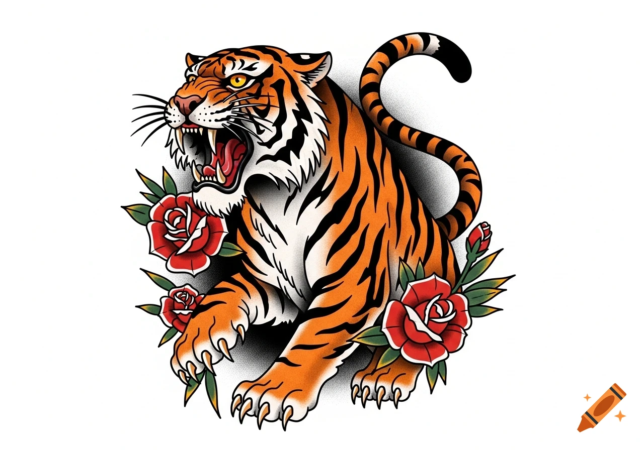 A roaring tiger in traditional tattoo style with claws extended, surrounded by red roses.