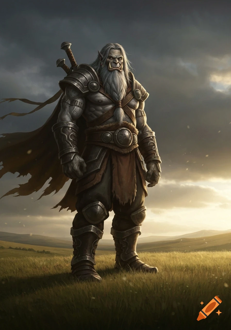 A powerful grey-skinned orc warrior with a long grey beard and heavy armor stands in a sunlit grassy field under a dramatic cloudy sky.