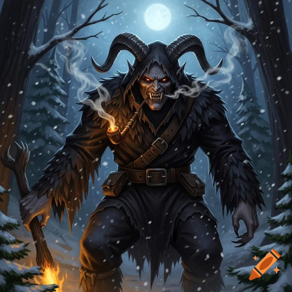 Stylized illustration of Krampus, a horned creature with glowing red eyes, smoking a pipe and holding a flaming staff in a snowy forest at night.