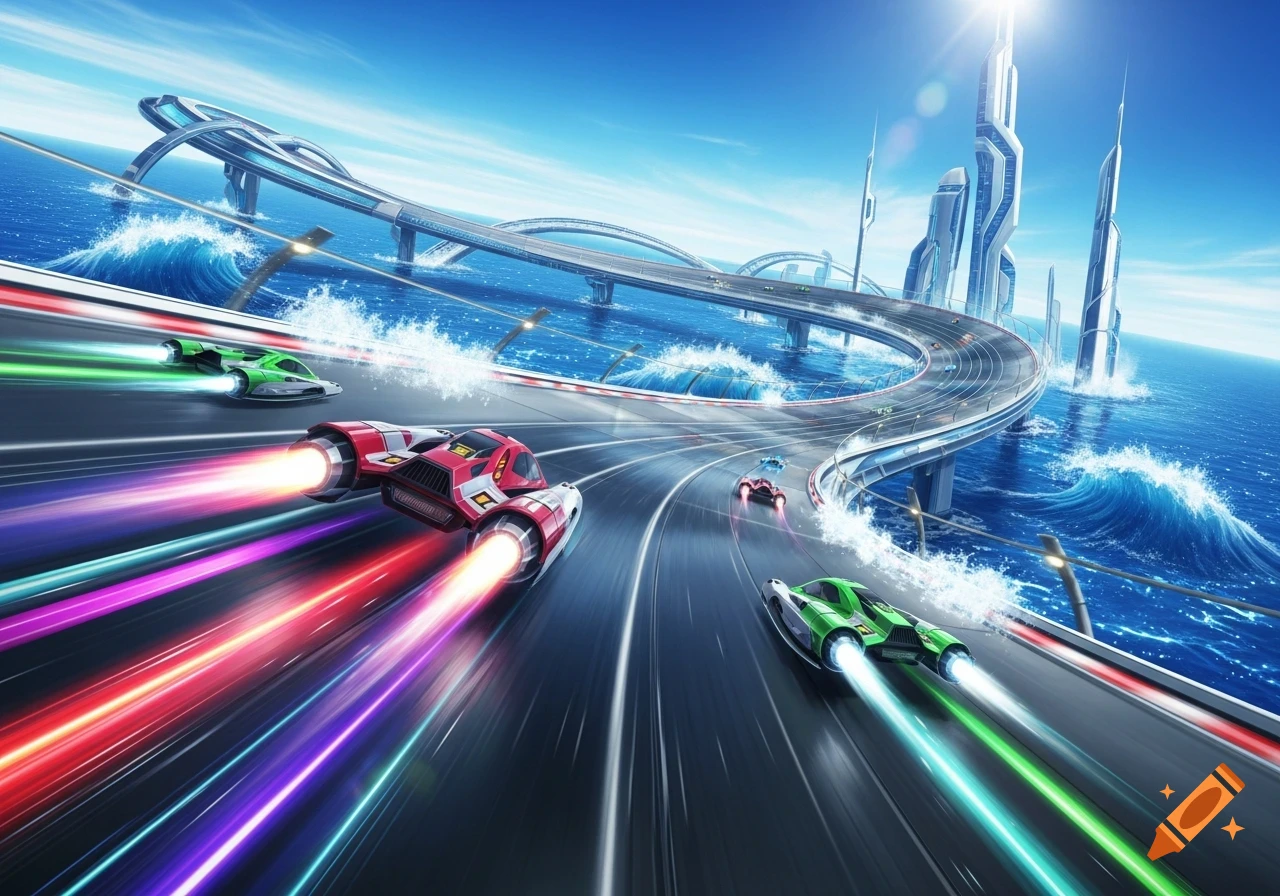 Vibrant futuristic racing scene with hovercrafts speeding on a track over a blue ocean, with a distant sci-fi city under a sunny sky.