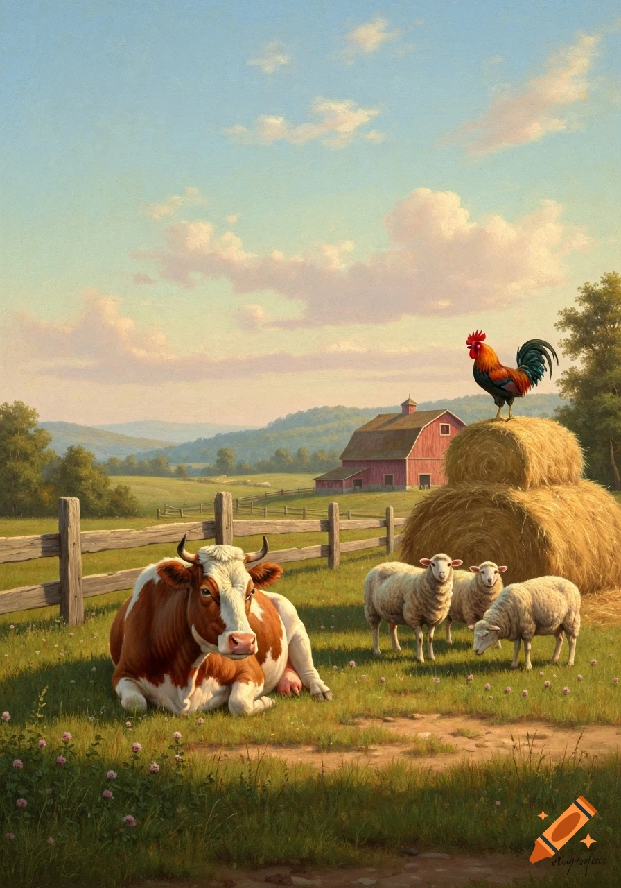 A brown and white cow sits in a grassy field with three sheep, a rooster on hay bales, and a red barn in a vintage painting style.