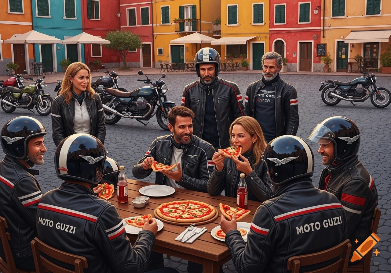 A group of men and women in motorcycle gear are gathered around a table eating pizza in a colorful town square, with motorcycles parked in the background. Photorealistic style.