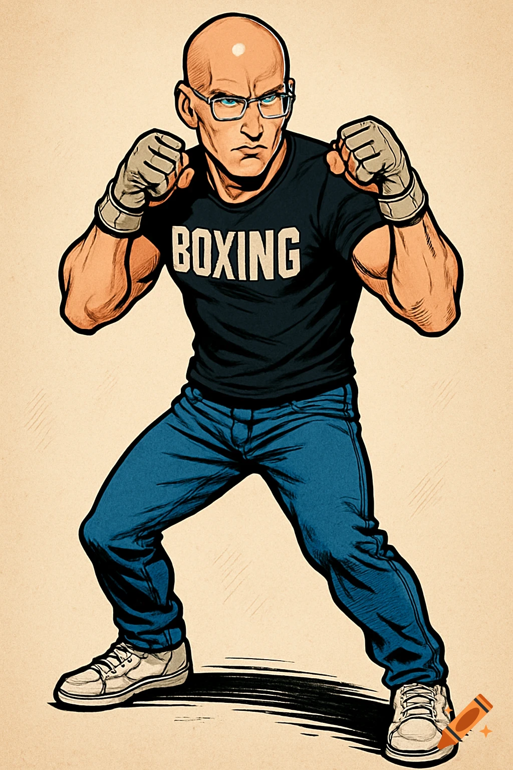 Comic book illustration of a bald man with glasses, wearing a black "BOXING" t-shirt, blue jeans, white sneakers, and MMA mitts, in a fighting stance.