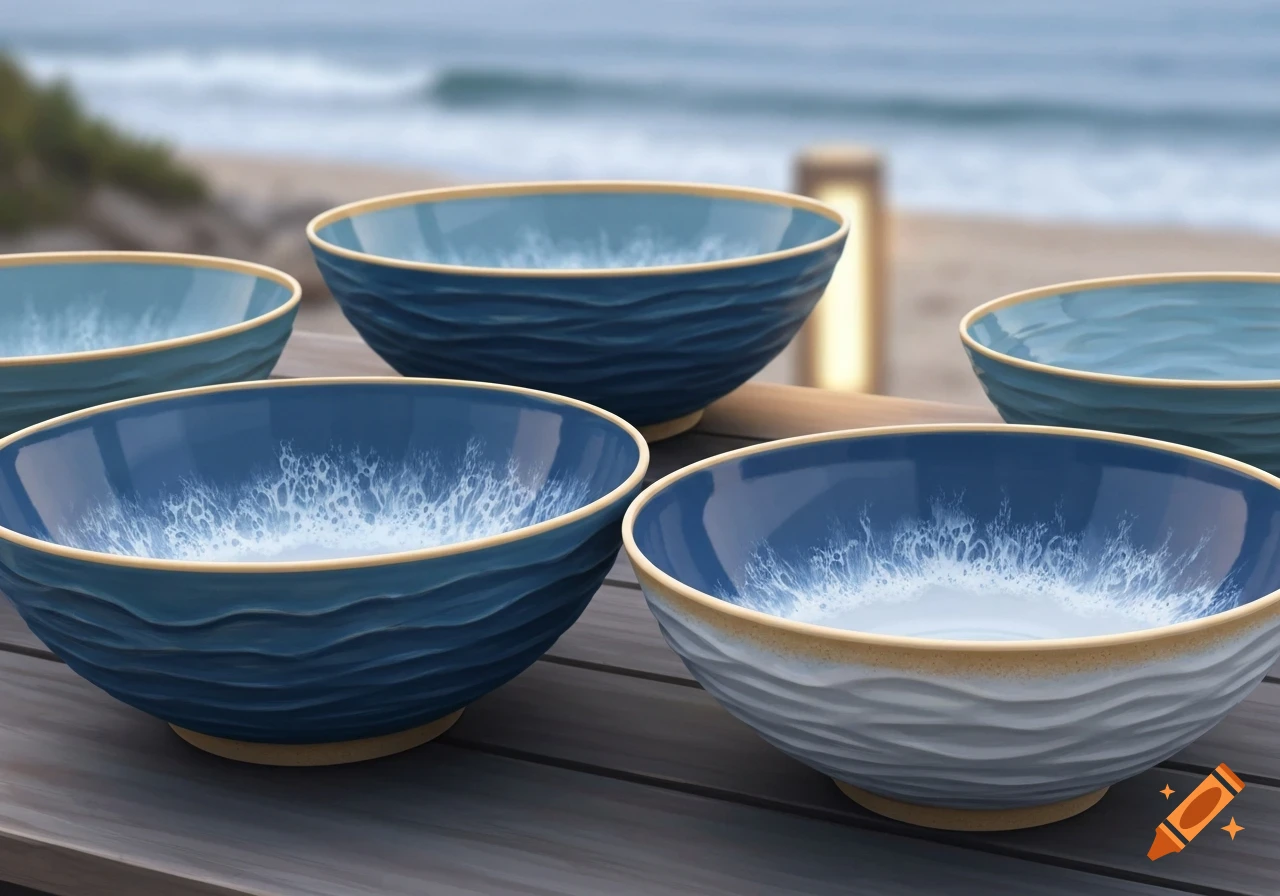 Ceramic bowls with blue and white wavy patterns on a wooden table, overlooking a blurred ocean and beach in the background.