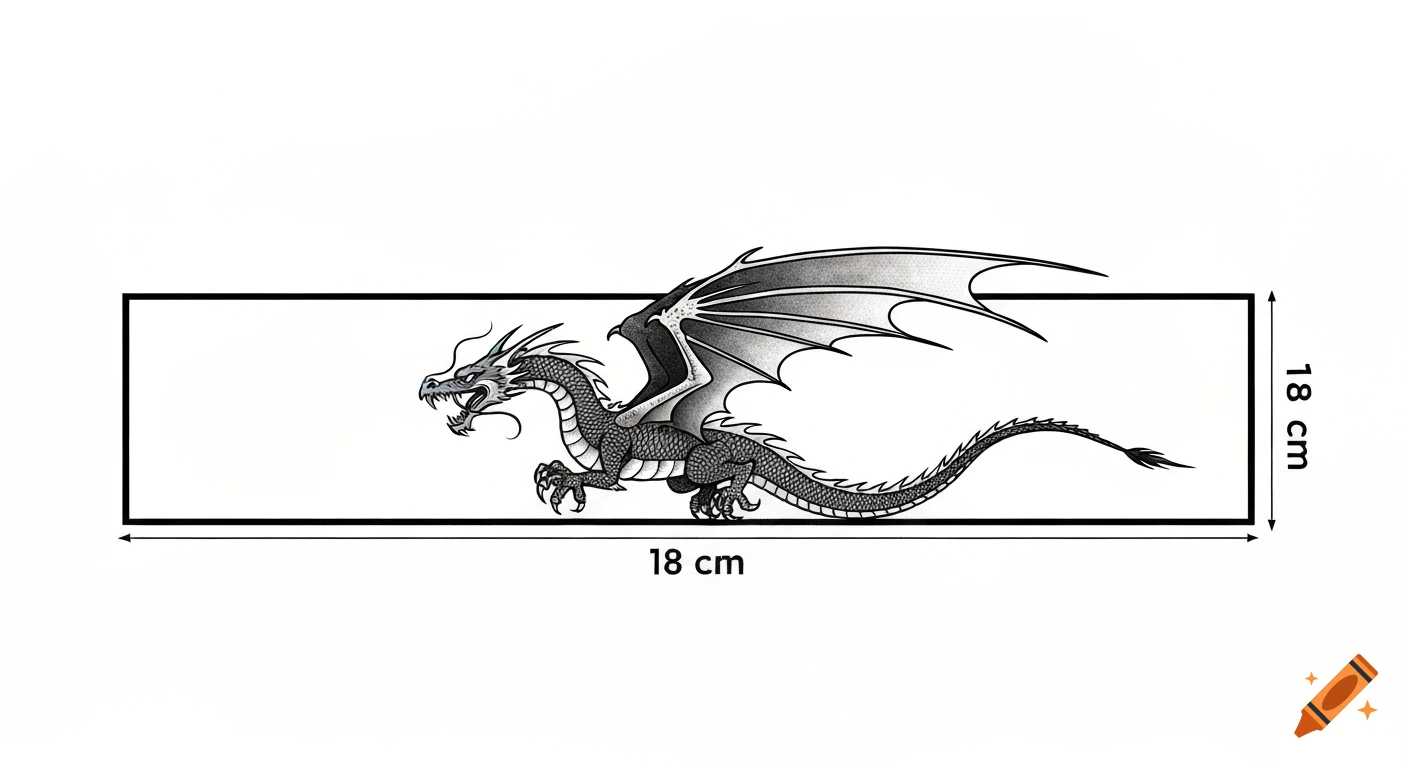 A black and white drawing of a winged dragon, with '18 cm' dimensions noted on a surrounding rectangle.