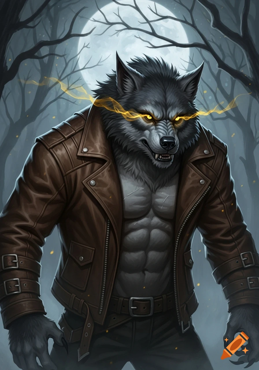 An illustration of a muscular werewolf in a brown leather jacket with glowing yellow eyes, standing in a dark forest under a full moon.