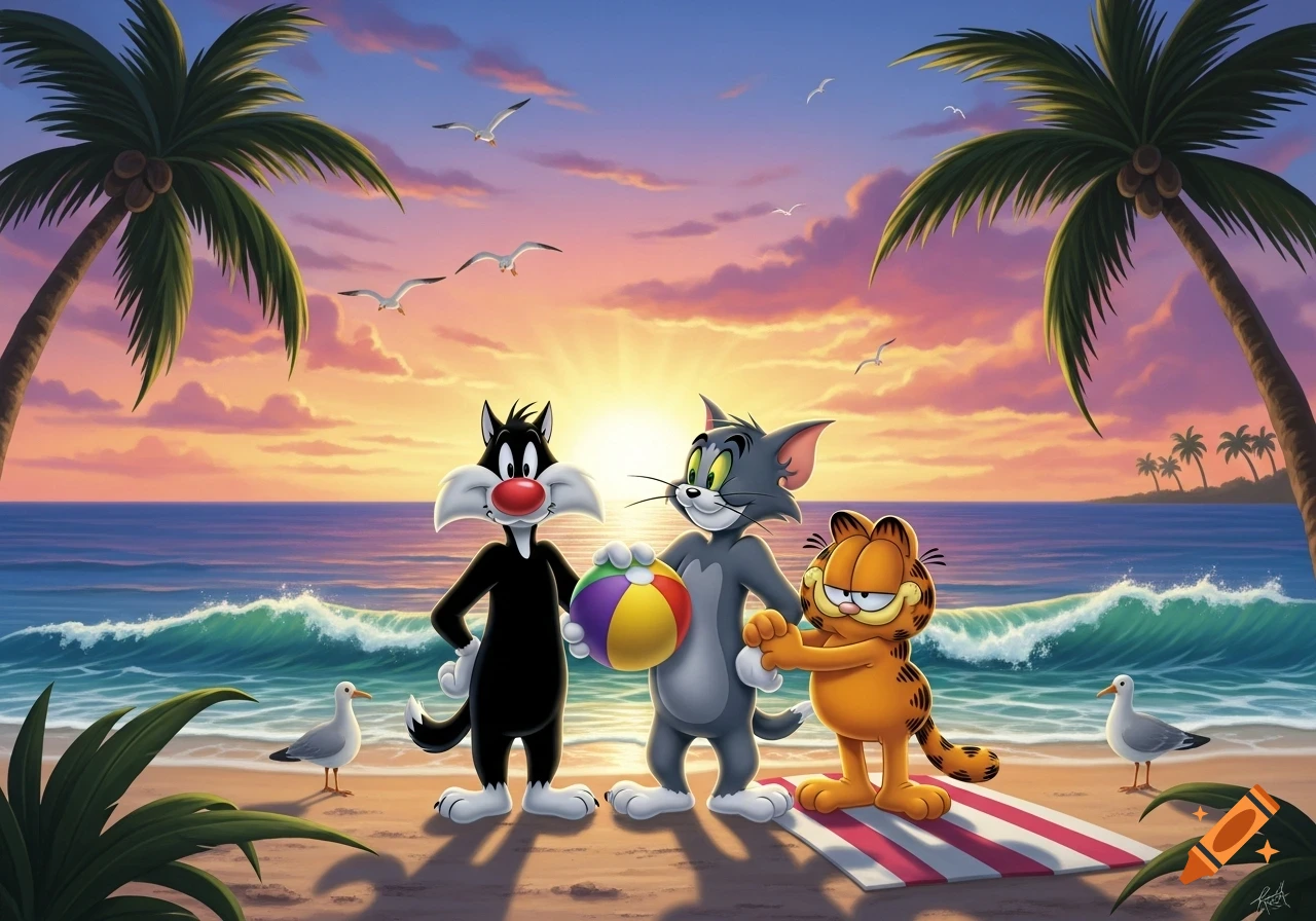 Sylvester, Tom, and Garfield stand on a beach with a beach ball at sunset, surrounded by palm trees and seagulls.