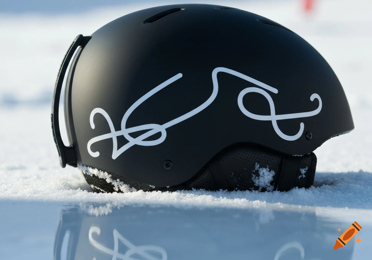 Close-up of a black ski helmet with abstract white line decals, resting in snow with a reflective icy surface.