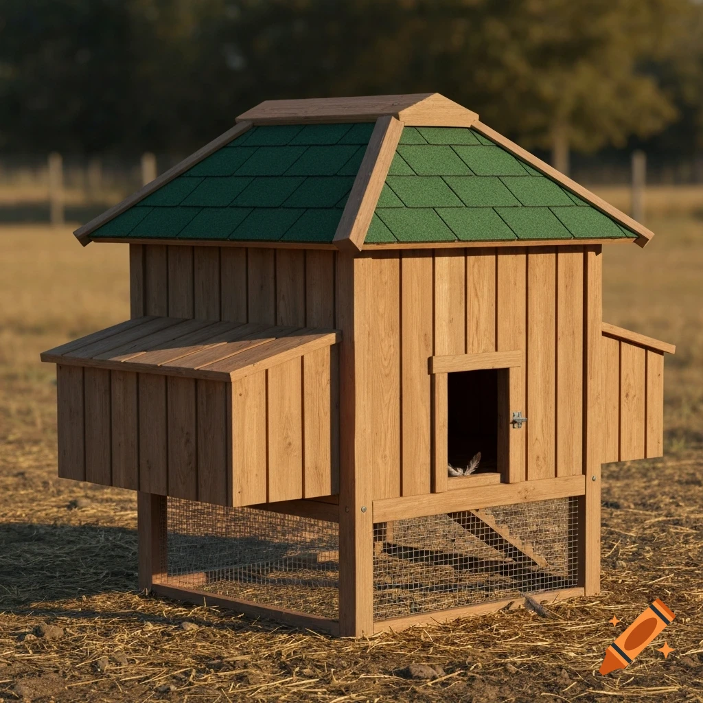 A wooden chicken coop with a green roof and a nesting box stands in a dry field. A chicken peeks from an opening.