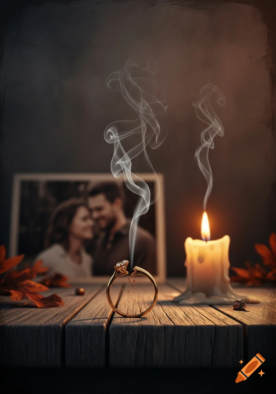 A broken diamond engagement ring, a burning candle, and smoke on a wooden table, with a blurred photo of a couple.