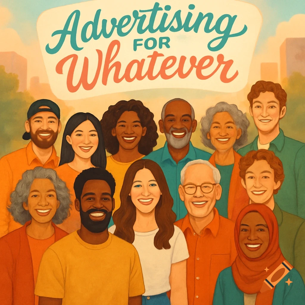 An illustration of a diverse group of twelve smiling people with the text 'Advertising for Whatever' above them.