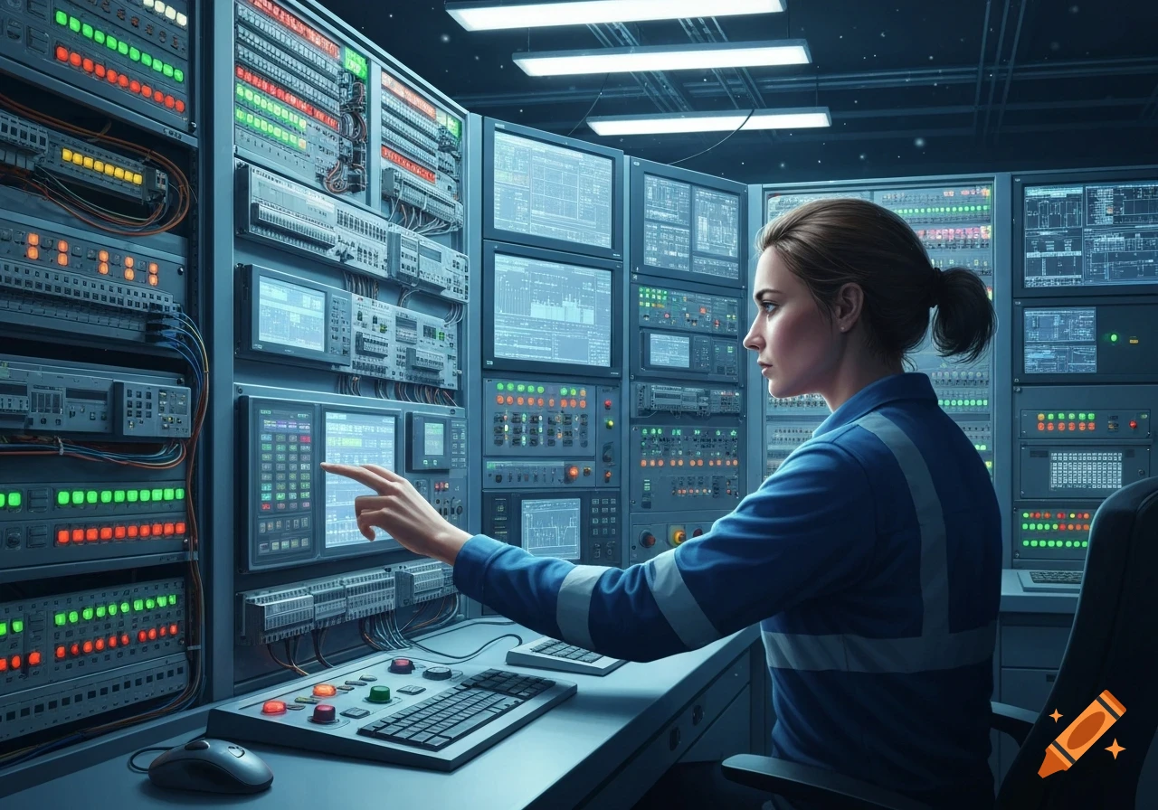 A woman in a blue uniform operates a complex control panel filled with screens, buttons, and lights in a data center or industrial setting. Photorealistic style.