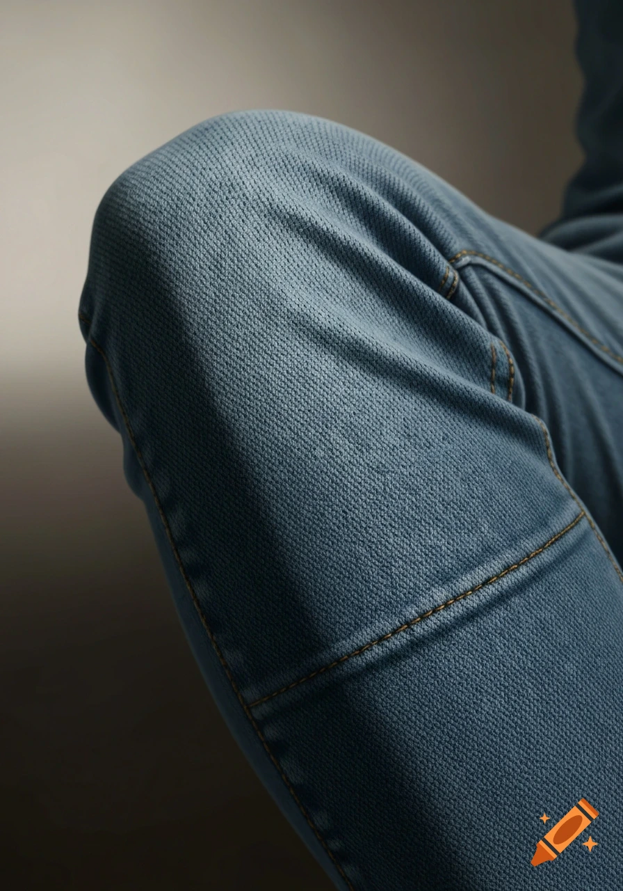 Close-up of a leg in blue jeans, showing fabric texture and stitching details with side lighting.