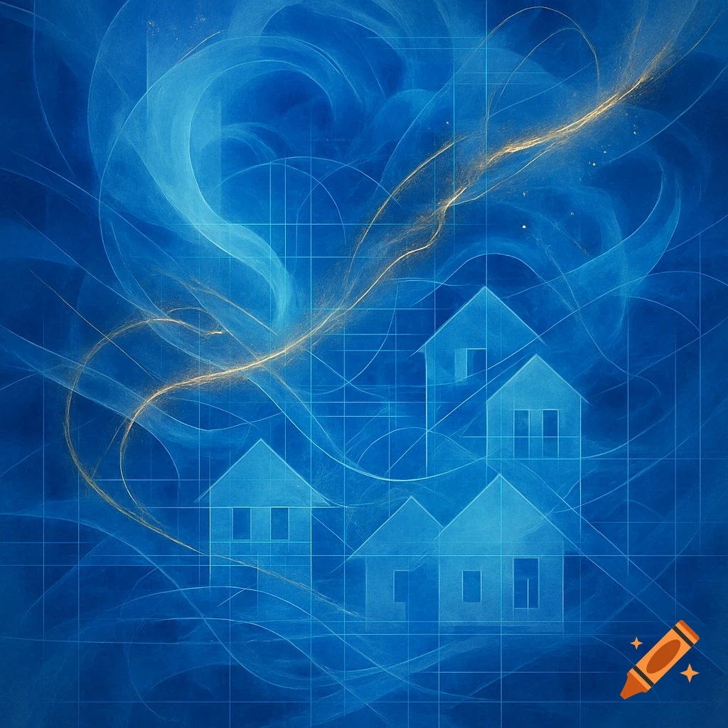 Abstract blue background with house blueprints and golden light trails swirling upwards.