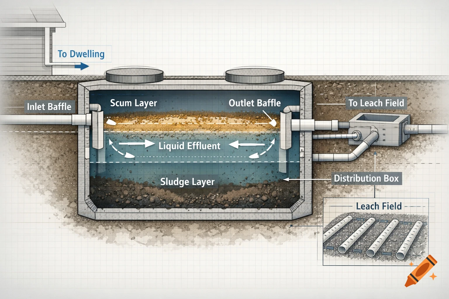 Detailed cutaway diagram illustrating the components and flow within a septic tank and leach field system.