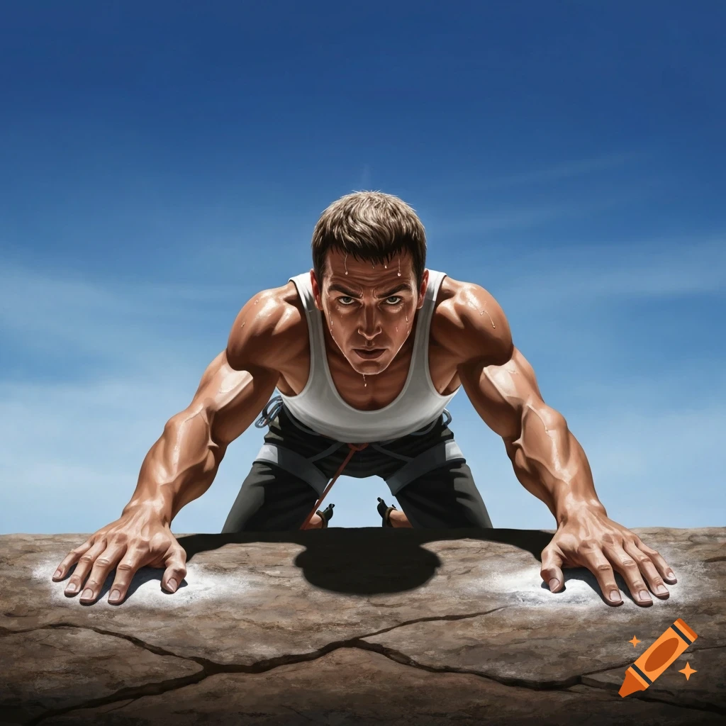 A muscular, sweaty man with an intense expression, climbing over a rocky ledge against a bright blue sky in a photorealistic illustration.