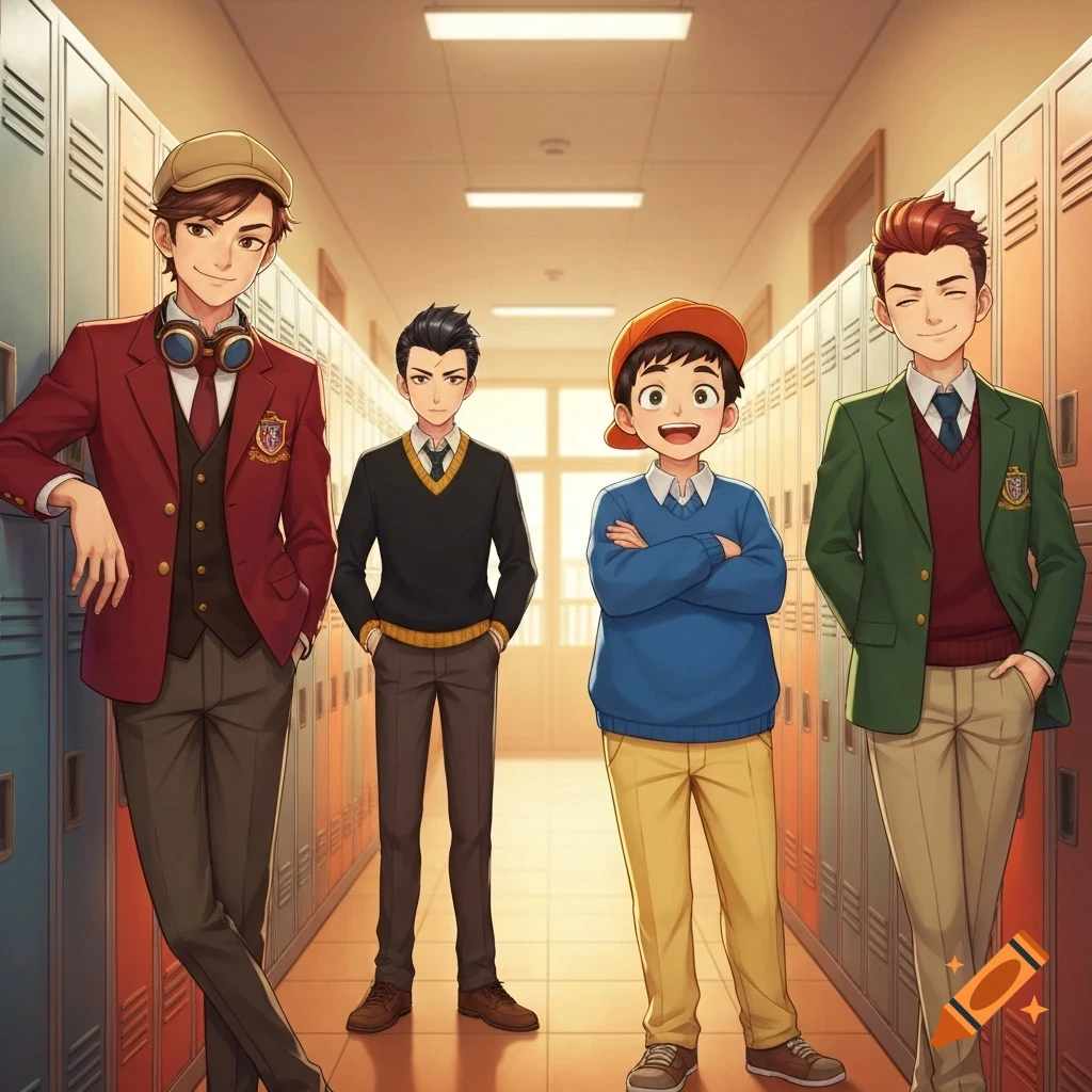 Four anime-style young boys in varying preppy school uniforms stand in a brightly lit school hallway lined with lockers.