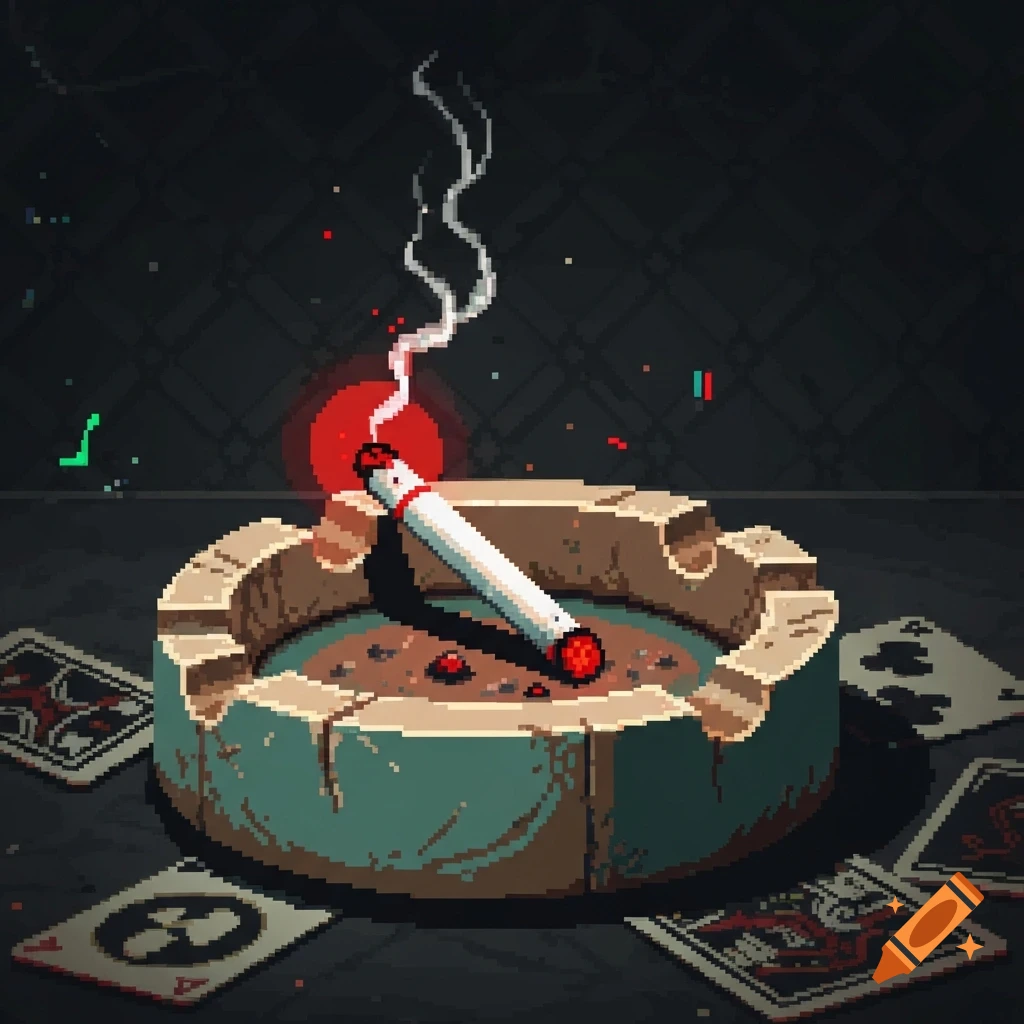 Pixel art of a lit cigarette in an ashtray with playing cards on a dark, patterned background.