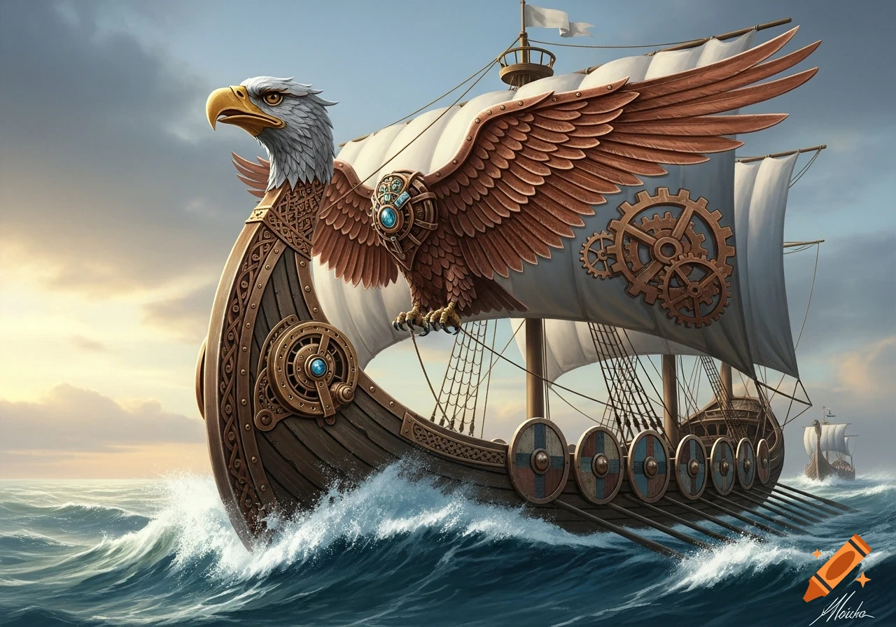 A fantastical steampunk Viking longboat with an eagle head prow and gears on its sails, sailing on rough seas.