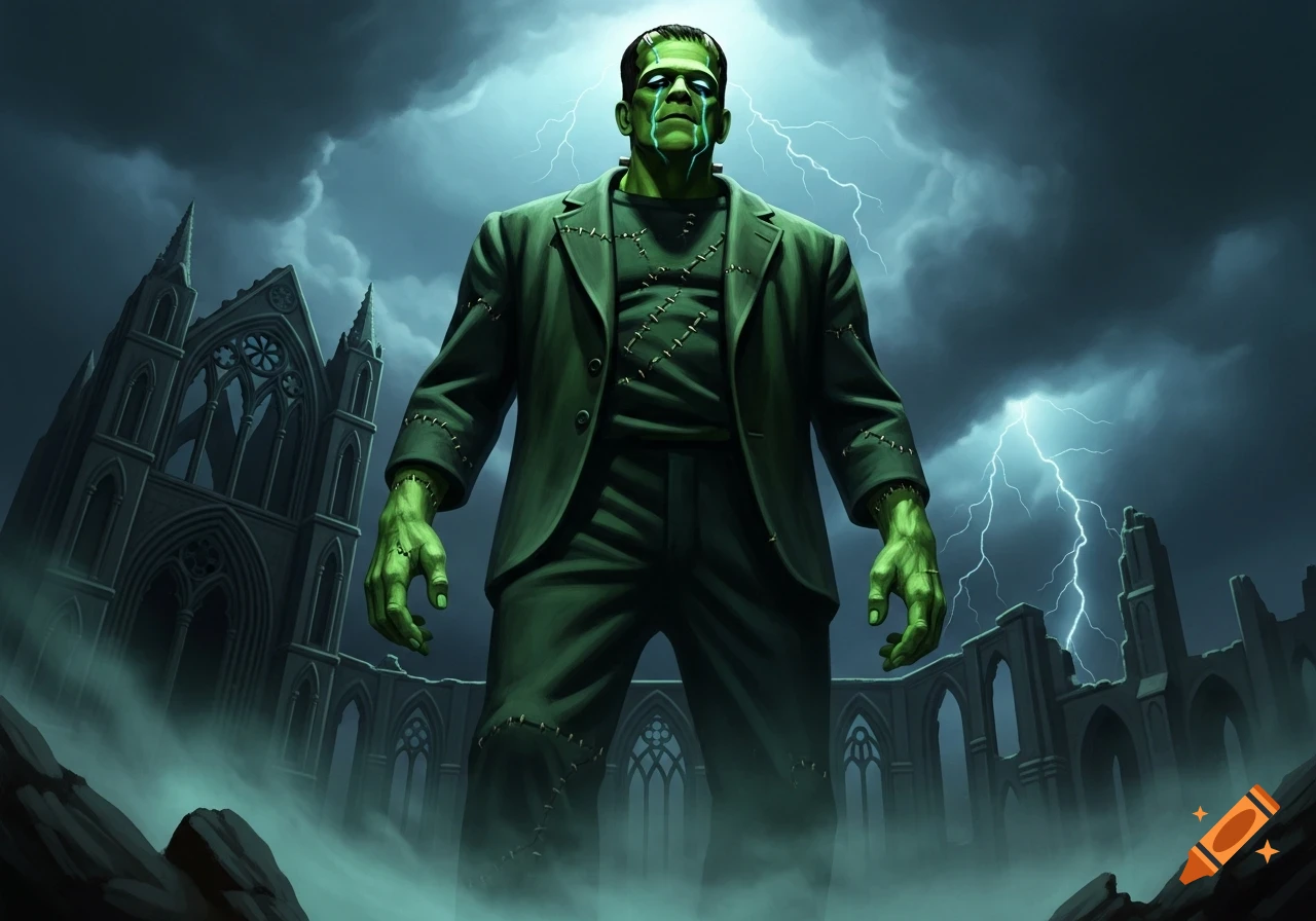 Frankenstein's monster, green-skinned and stitched, stands imposingly under a stormy sky with lightning, flanked by gothic ruins.