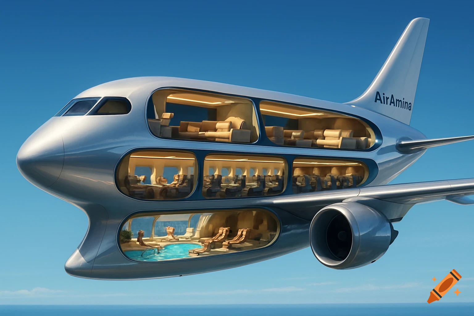 A photorealistic cutaway of a luxurious, futuristic airplane named AirAmina, revealing a pool, business class, and first class lounges, flying in a blue sky over the ocean.
